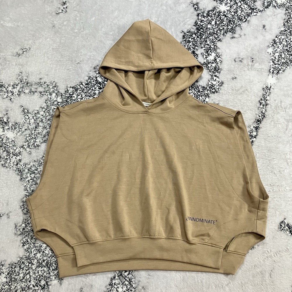 Hinnominate Beige Cropped Hoodie Batwing Short Sleeve Logo Womens Size Small